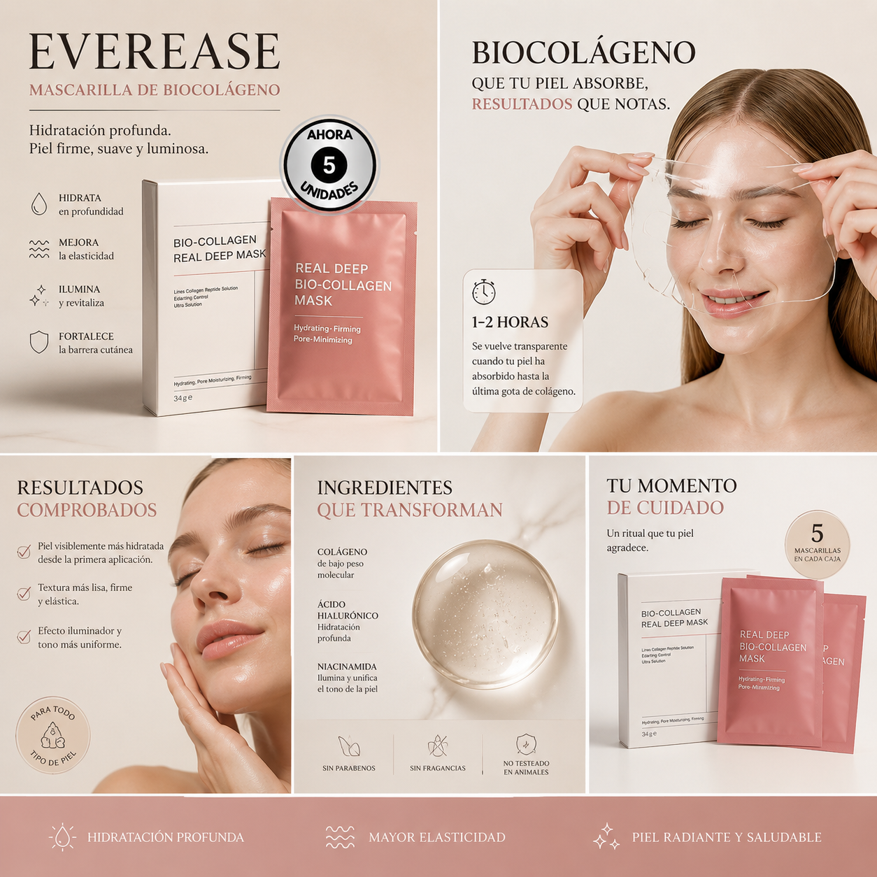 Everease Mascarilla de  Biocolágeno - INCLUYE 5 Mascarillas
